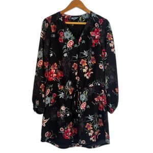 Fleur Bleue Dark Floral Print Drawstring Waist Sheath‎ Shirt Dress Size 6 Boho
